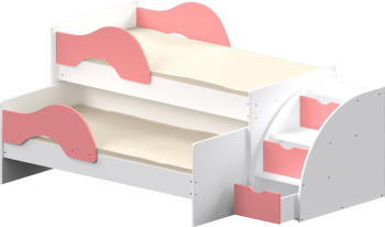Кровать детская Матрешка выкатная с лестницей  Белый/Розовый в Снежногорске - snezhnogorsk.mebel54.com | фото
