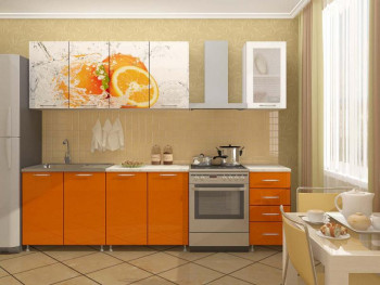 Кухонный гарнитур 1,6м Апельсин (Белый/Оранжевый металлик/Фотопечать апельсин) в Снежногорске - snezhnogorsk.mebel54.com | фото