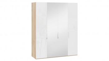 Шкаф комбинированный с 2 глухими и 2 зеркальными дверями «Эмбер» Яблоня Беллуно/Белый глянец в Снежногорске - snezhnogorsk.mebel54.com | фото